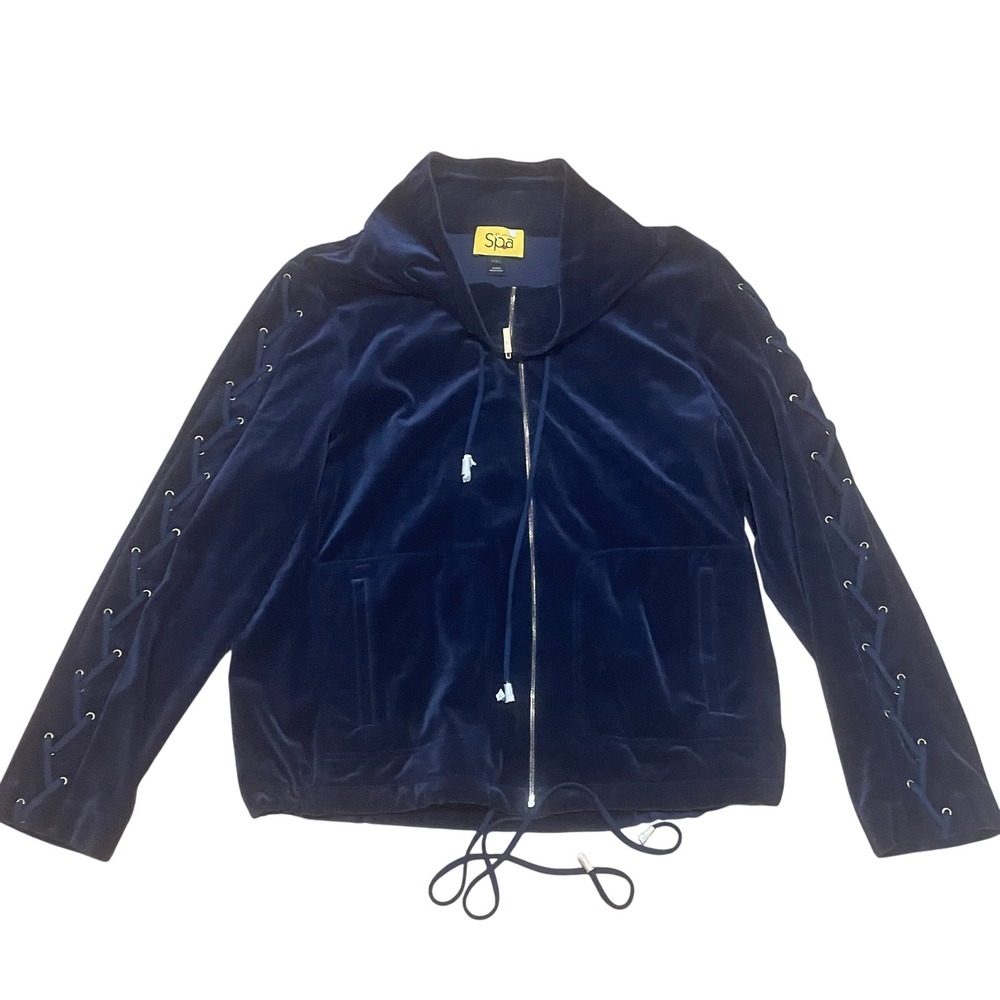 St. John Spa Women's Lg Navy Blue Velour Full Zip Jacket‎ Lace-Up Sleeve NWOT